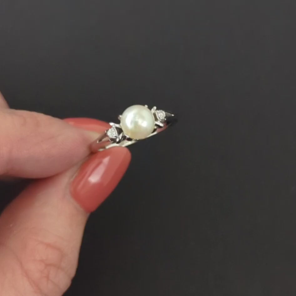 PEARL DIAMOND COCKTAIL RING NATURAL ESTATE SPLIT SHANK 14k WHITE GOLD JEWELRY