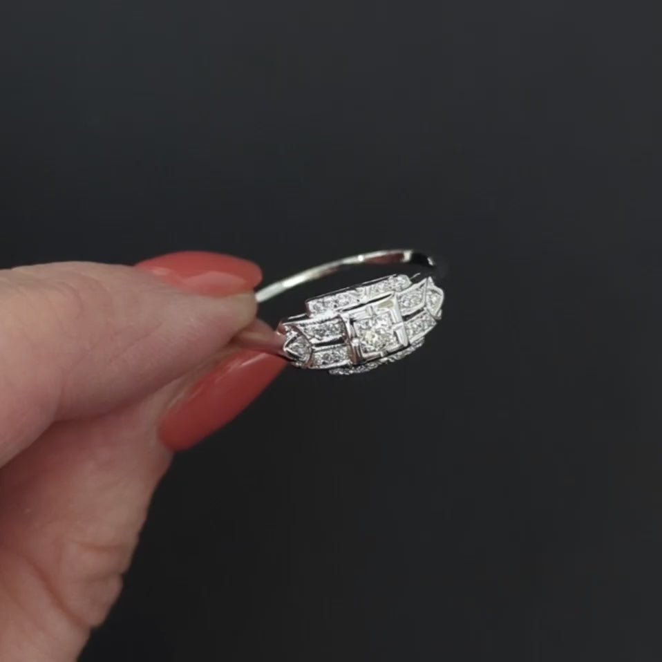 ART DECO DIAMOND COCKTAIL RING 18k WHITE GOLD OLD CUT VINTAGE ENGAGEMENT 1920s