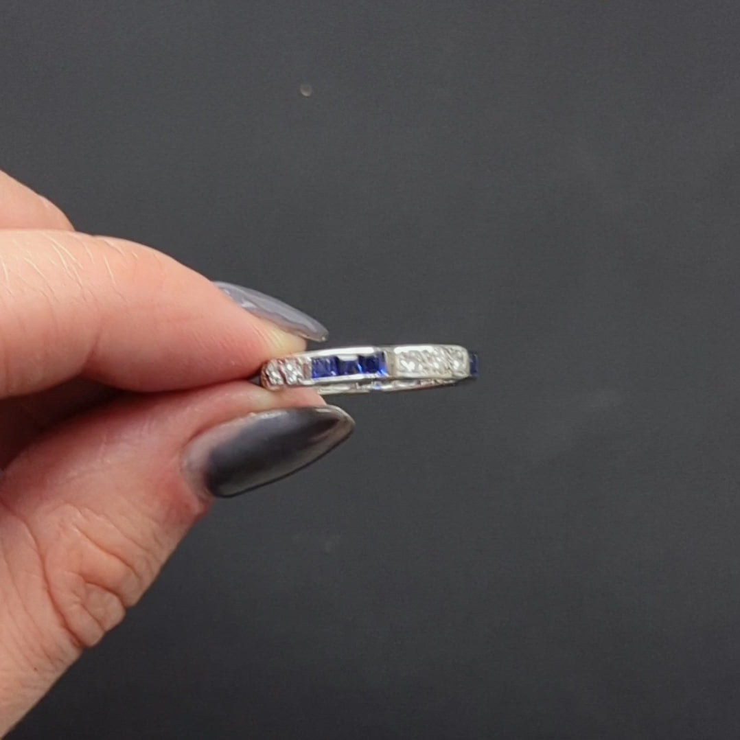 DIAMOND SAPPHIRE VINTAGE ETERNITY RING WEDDING BAND 18k WHITE GOLD CHANNEL SET