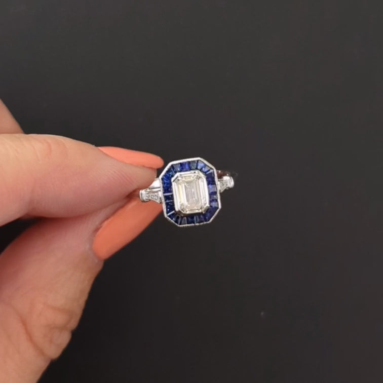 DIAMOND SAPPHIRE ENGAGEMENT RING VINTAGE STYLE GIA CERTIFIED H VS2 EMERALD CUT
