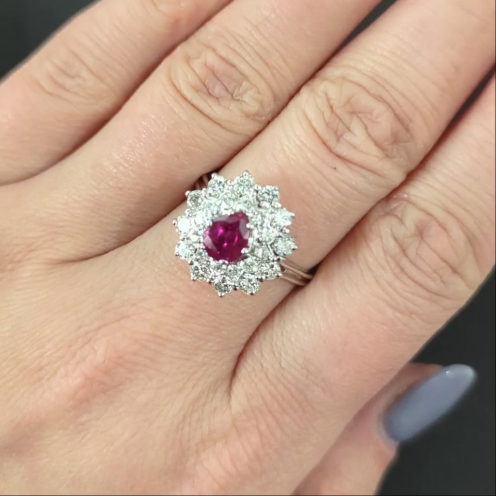 2.20ct RUBY DIAMOND COCKTAIL RING 18k WHITE GOLD PEAR SHAPE DOUBLE HALO NATURAL