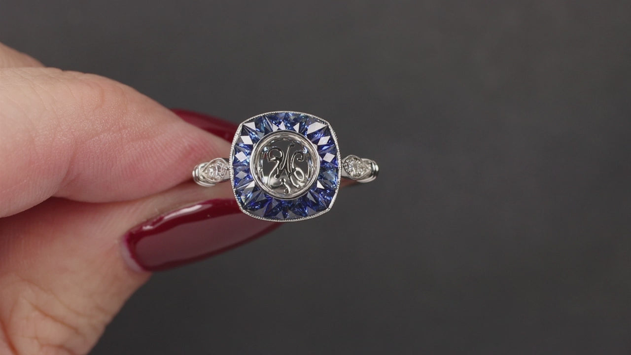 SAPPHIRE DIAMOND ENGAGEMENT RING SETTING FRENCH CUT 6.4mm MOUNT VINTAGE STYLE