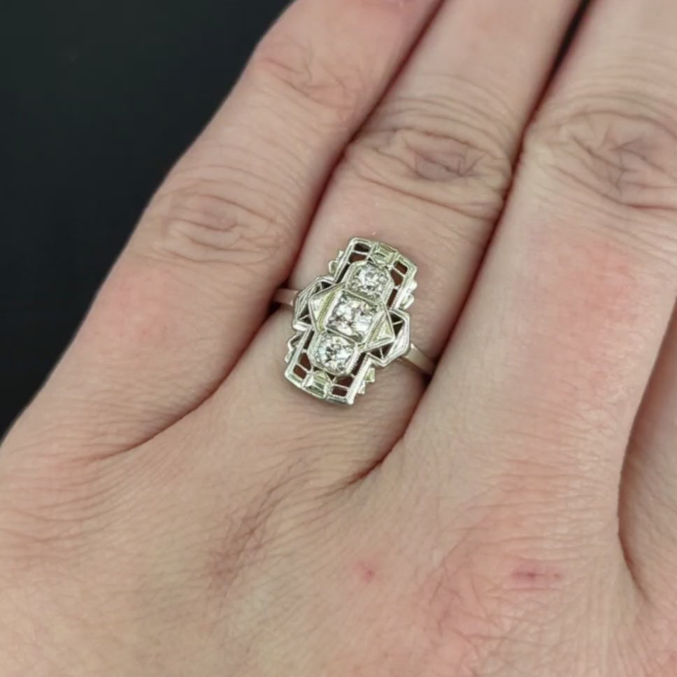 VINTAGE DIAMOND COCKTAIL RING ART DECO GEOMETRIC 14k WHITE GOLD OLD EUROPEAN CUT