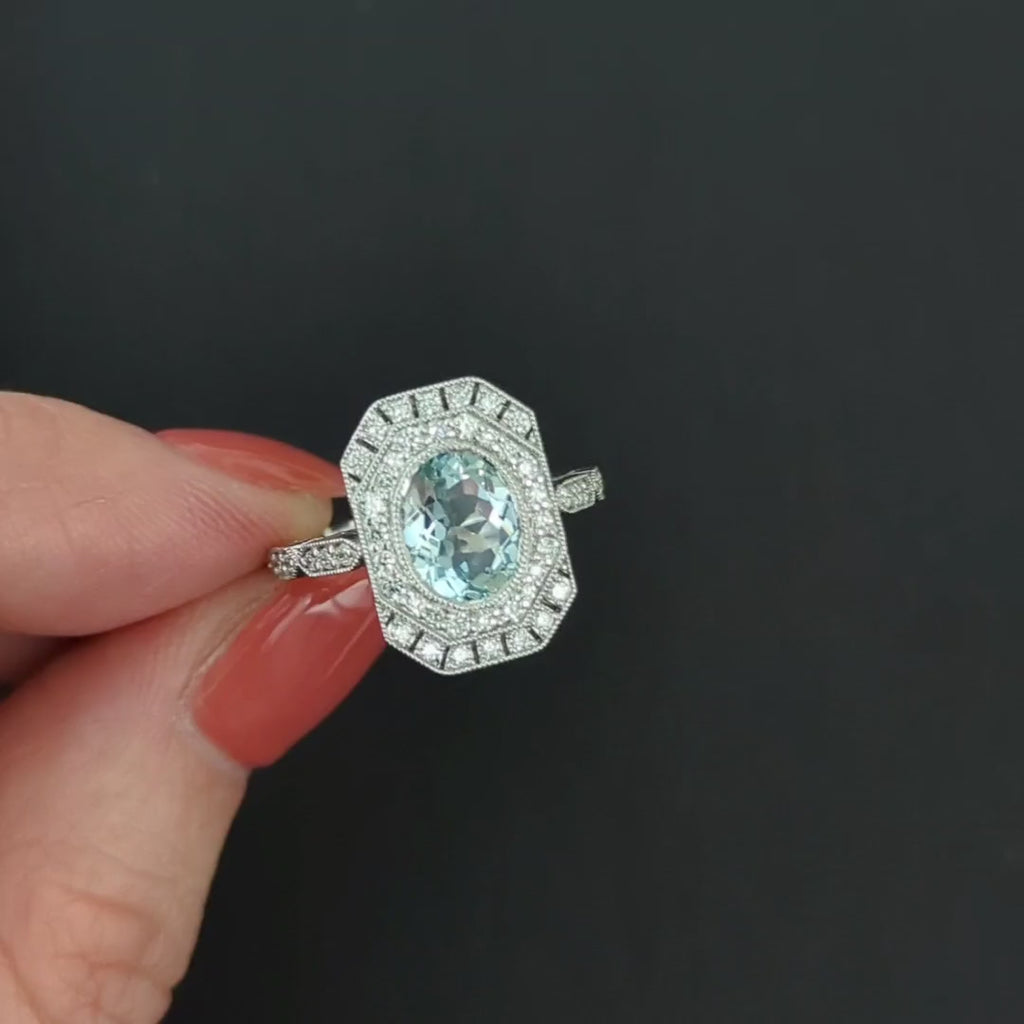 AQUAMARINE DIAMOND COCKTAIL RING VINTAGE STYLE ART DECO HALO OVAL 14k WHITE GOLD