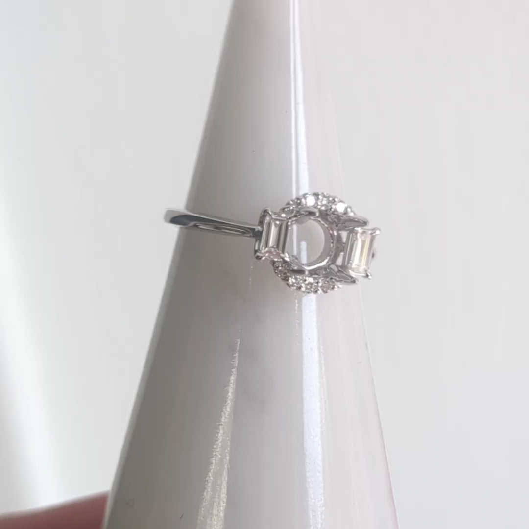 NATURAL DIAMOND RING SETTING FOR 7mm ROUND BAGUETTE HALO SEMI MOUNT ENGAGEMENT