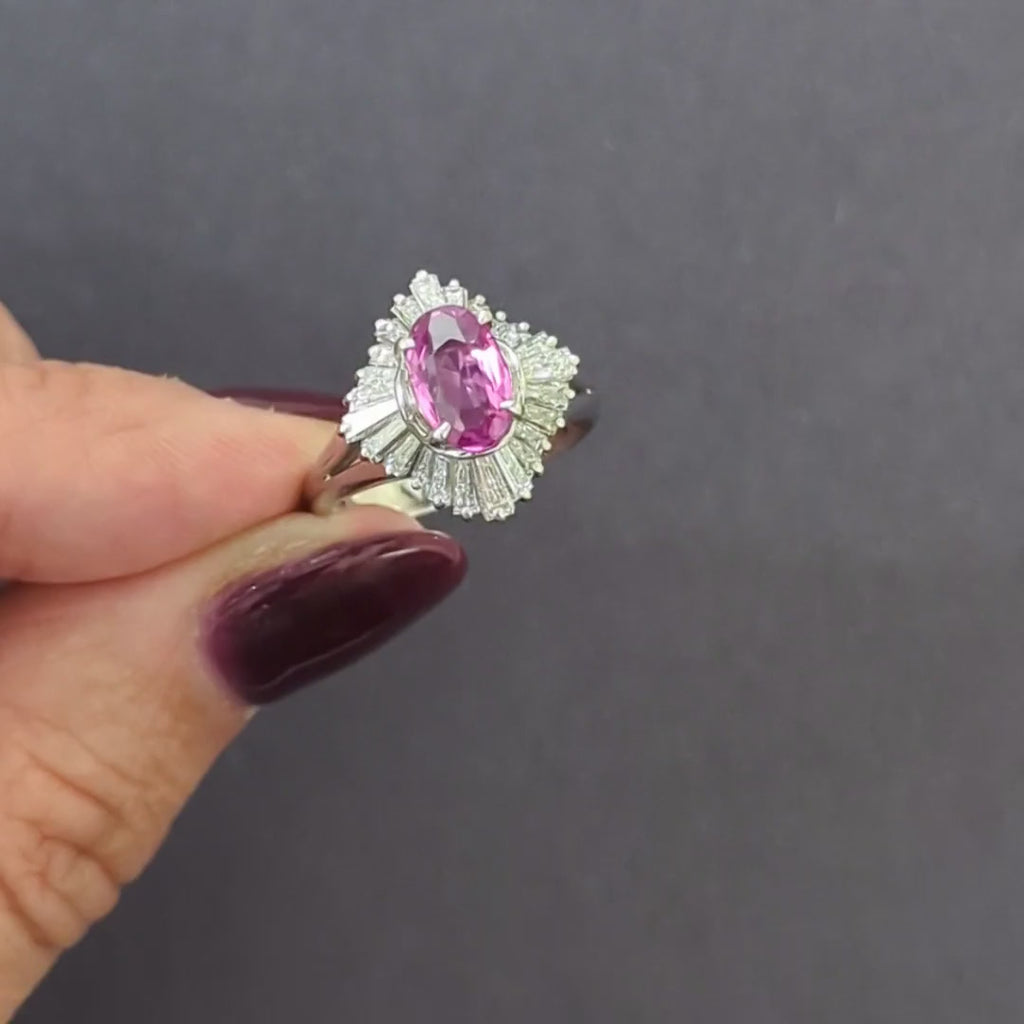 2.65ctw PINK SAPPHIRE DIAMOND COCKTAIL RING PLATINUM OVAL SHAPE BALLERINA HALO