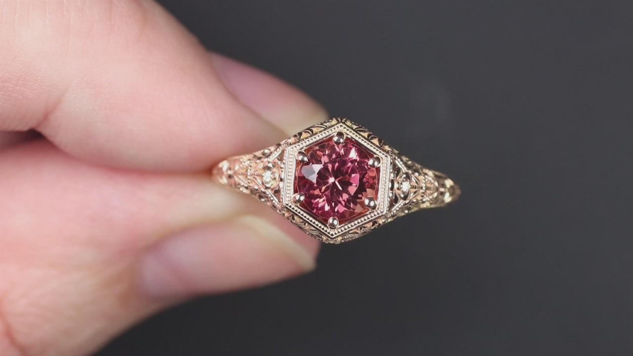 RED ORANGE TOURMALINE RING VINTAGE STYLE PLATINUM FLORAL FILIGREE SOLITAIRE