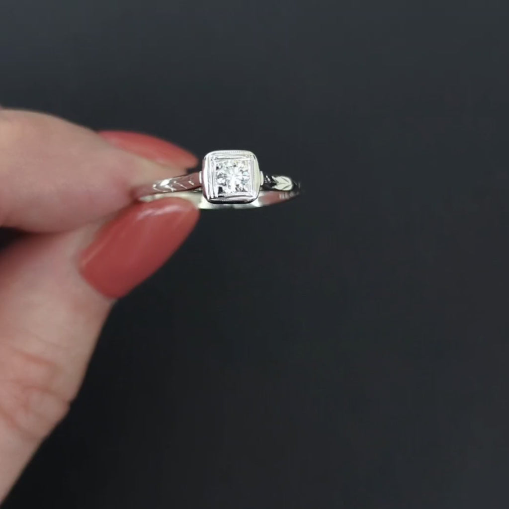 VINTAGE DIAMOND ENGAGEMENT RING 0.20ct G VS2 SOLITAIRE 14k WHITE GOLD ROUND CUT