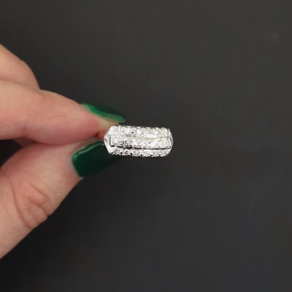 VINTAGE DIAMOND 3 ROW BAND 14k WHITE GOLD RING 0.45ct NATURAL RETRO COCKTAIL