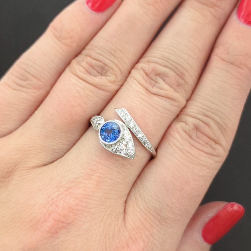 VINTAGE SAPPHIRE DIAMOND SNAKE RING PLATINUM EDWARD PETRI MID CENTURY COCKTAIL
