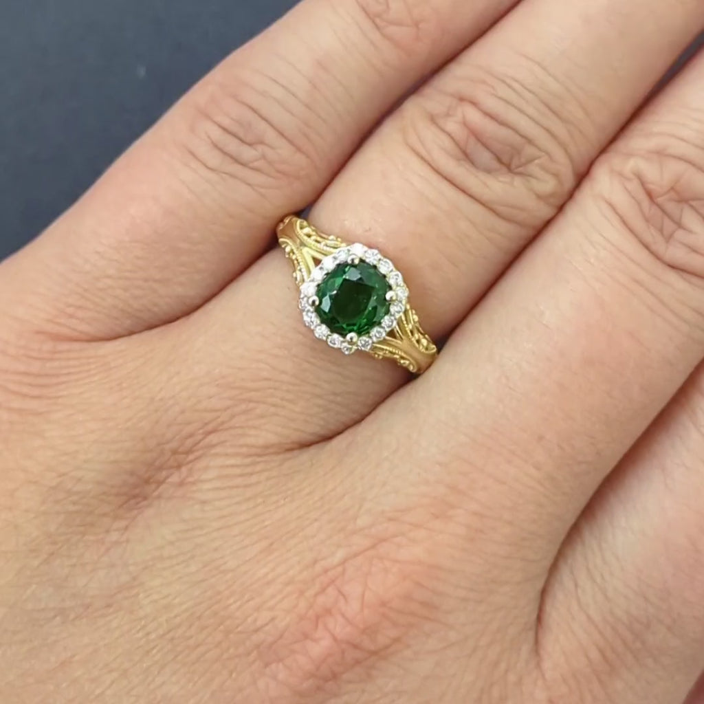 VINTAGE STYLE GREEN TOURMALINE DIAMOND COCKTAIL RING YELLOW GOLD HALO CUSHION