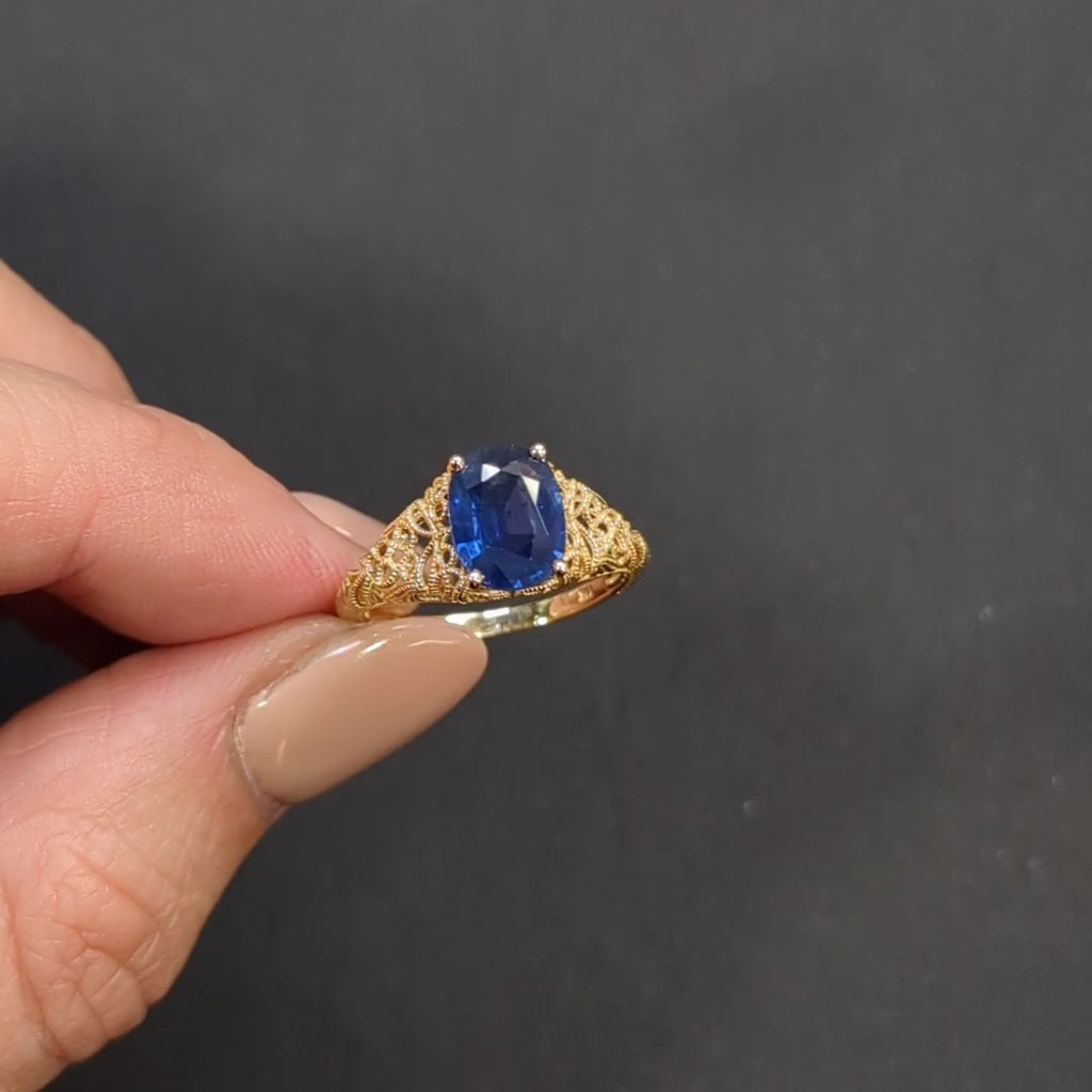 VINTAGE STYLE 1.90ct SAPPHIRE SOLITAIRE RING 14k YELLOW GOLD FILIGREE ENGAGEMENT
