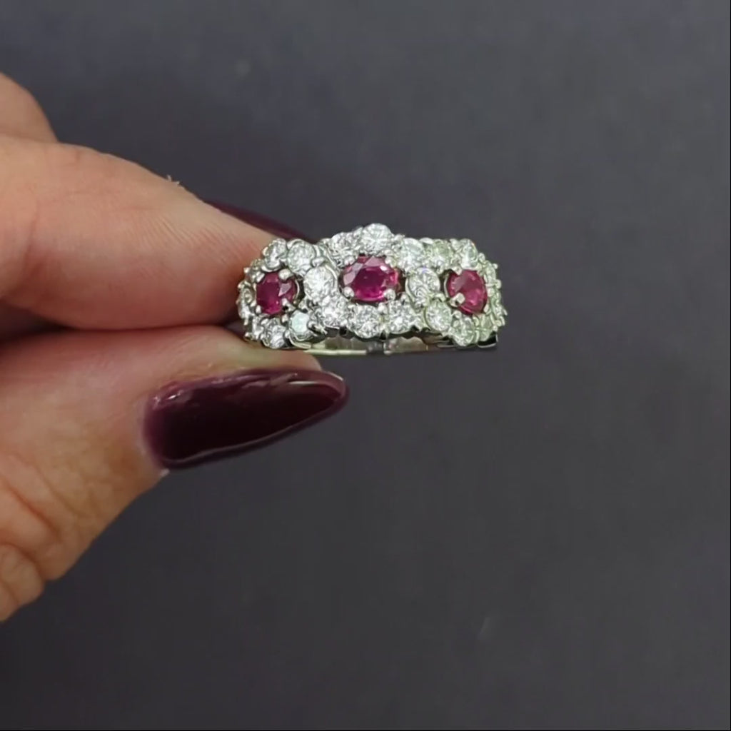 2.16ct RUBY DIAMOND COCKTAIL RING PLATINUM 11 GRAM 3 STONE HALO NATURAL OVAL