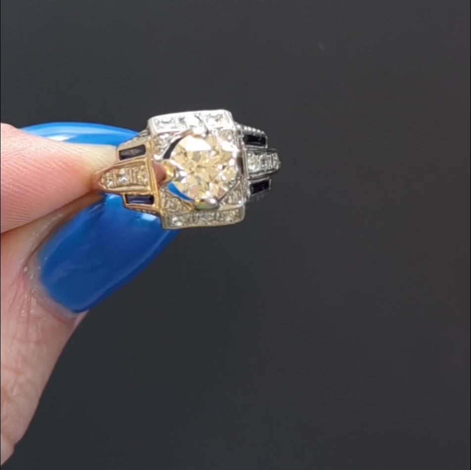 ART DECO DIAMOND SAPPHIRE ENGAGEMENT RING OLD EUROPEAN CUT VINTAGE PLATINUM 1.1c