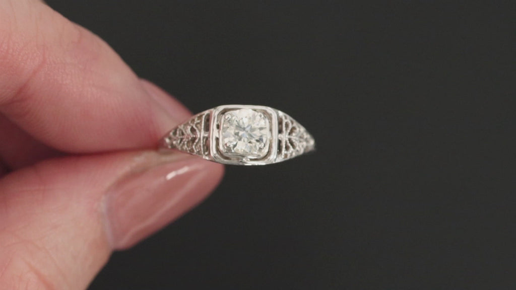 ROUND CUT DIAMOND VINTAGE STYLE ENGAGEMENT RING 1/2 CARAT FILIGREE WHITE GOLD