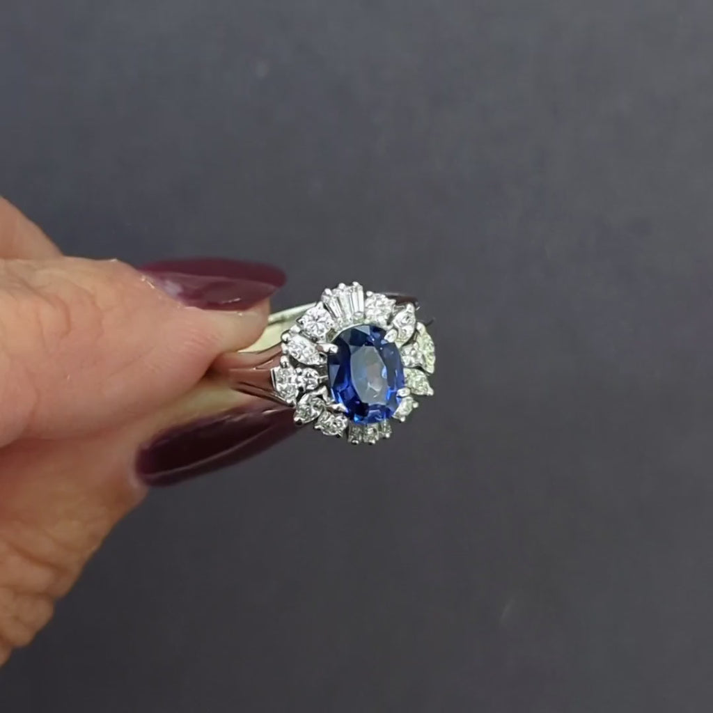 2.04ct SAPPHIRE DIAMOND COCKTAIL RING PLATINUM HALO CLUSTER NATURAL OVAL SHAPE