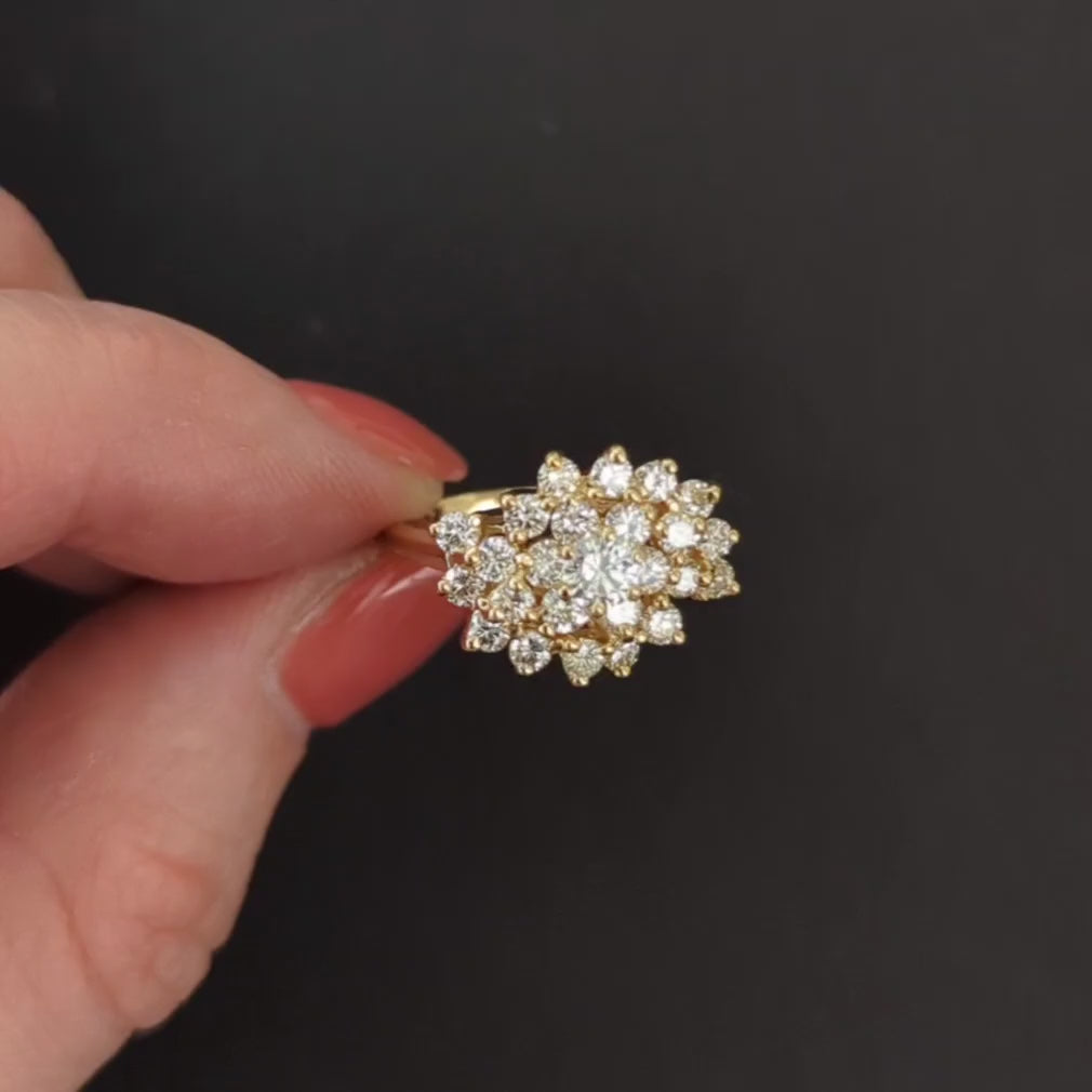 1.35ct VINTAGE DIAMOND COCKTAIL RING F-G VS CLUSTER STATEMENT 14k YELLOW GOLD