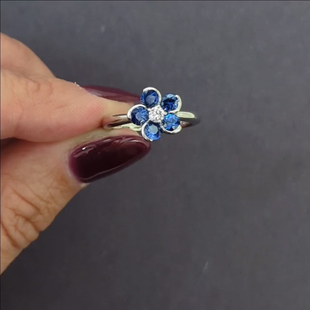 DIAMOND SAPPHIRE FLOWER RING PLATINUM CLUSTER HALO EXCELLENT CUT NATURAL BLUE