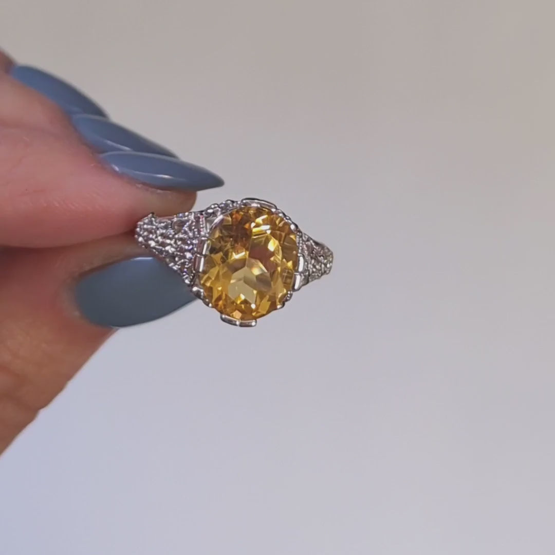 CITRINE STERLING SILVER VINTAGE STYLE RING ART DECO OVAL SHAPE YELLOW SOLITAIRE