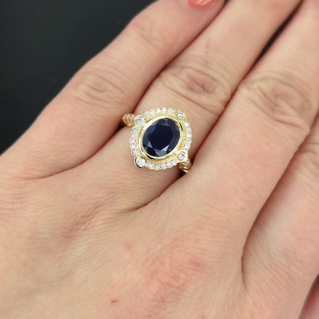 SAPPHIRE DIAMOND COCKTAIL RING VINTAGE STYLE 2.79ct SCALLOP HALO 14k YELLOW GOLD