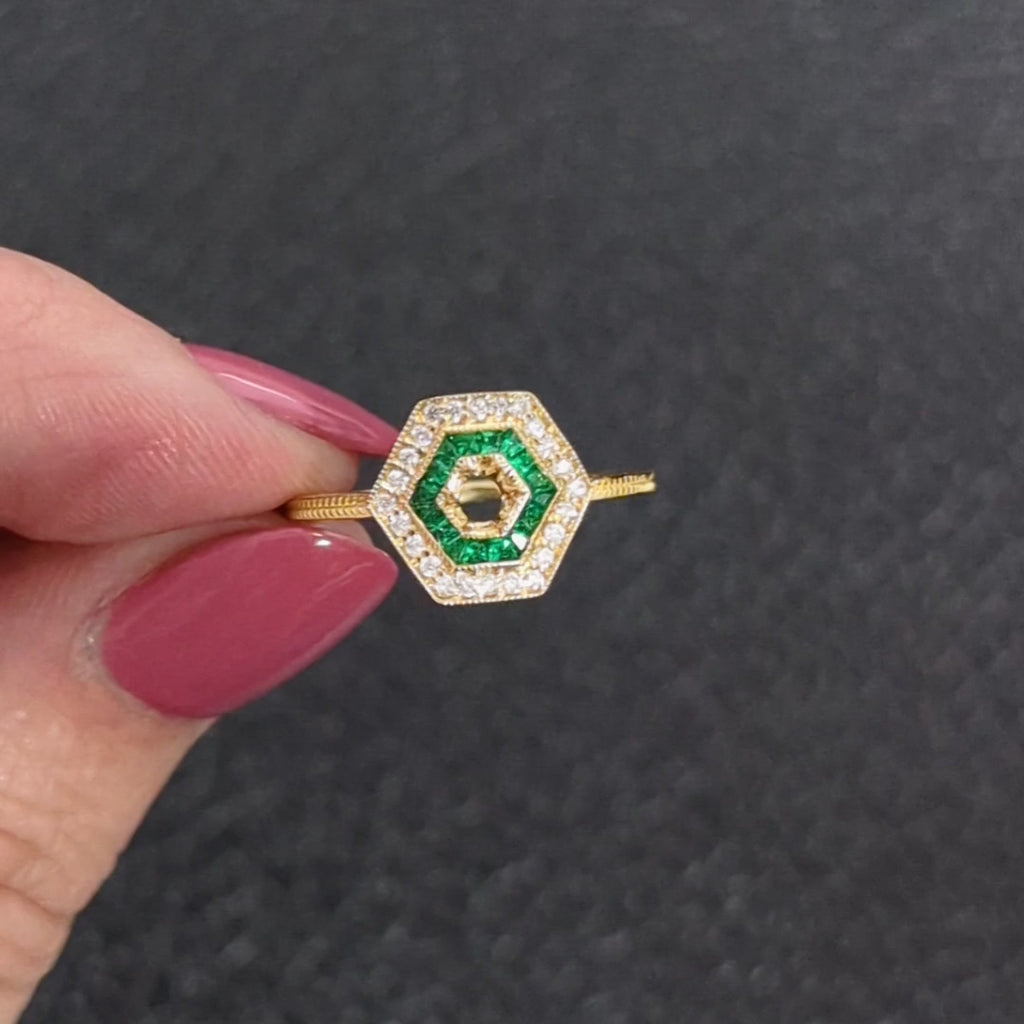 DIAMOND EMERALD VINTAGE STYLE RING SETTING ROUND 4mm GOLD ART DECO SEMI MOUNT