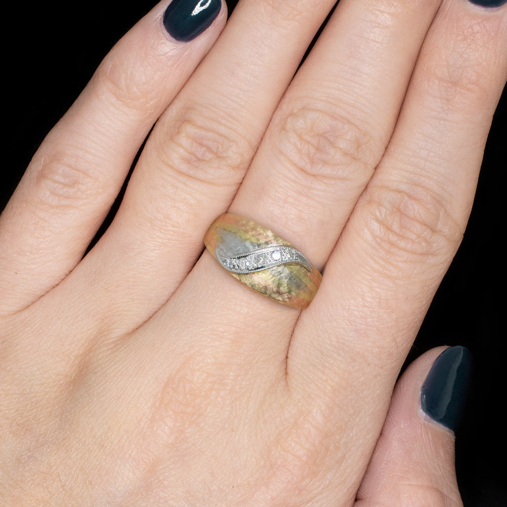 VINTAGE DIAMOND QUAD TONE 14k GOLD BAND WIDE RING FLORENTINE FINISH MENS LADIES