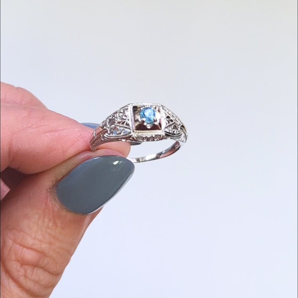 BLUE AQUAMARINE STERLING SILVER VINTAGE STYLE COCKTAIL RING FILIGREE PROMISE