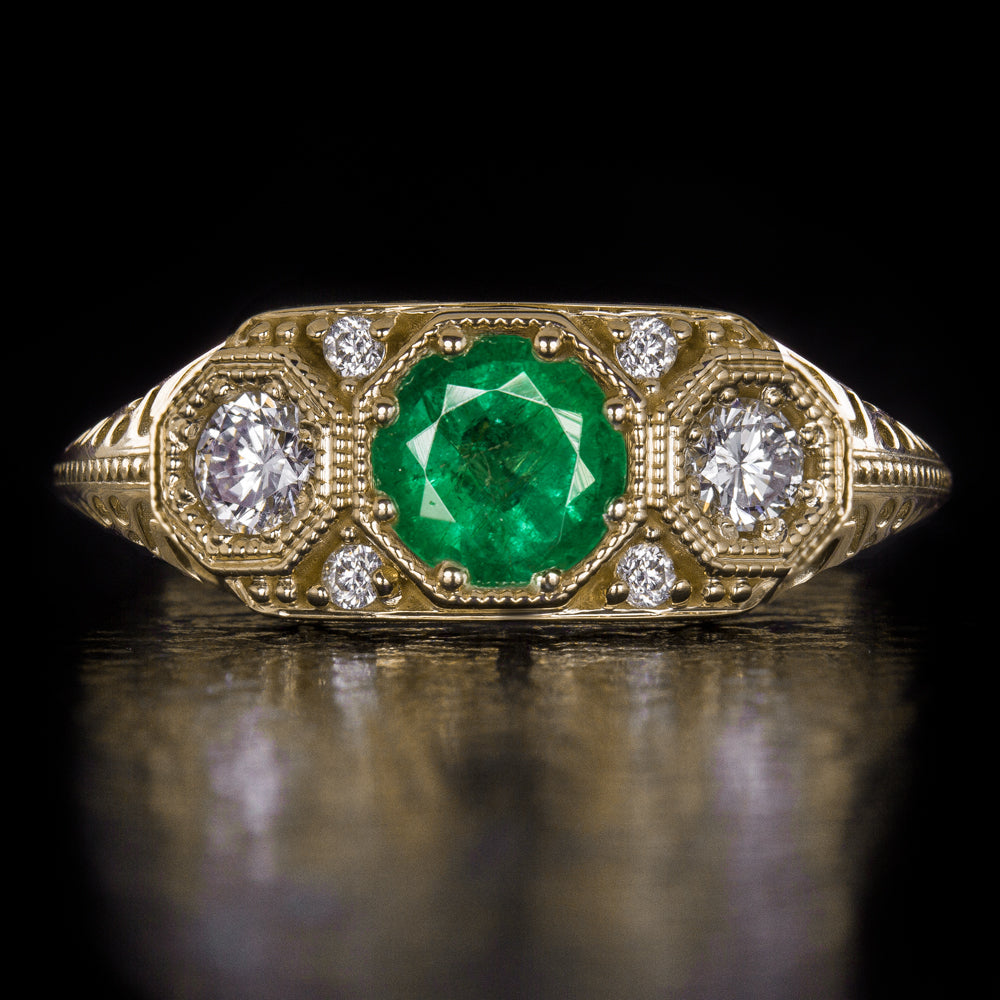 NATURAL EMERALD DIAMOND ART DECO RING VINTAGE STYLE YELLOW GOLD GREEN COCKTAIL