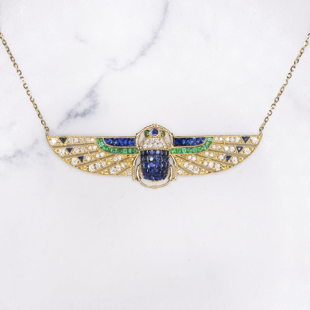 ART DECO STYLE SCARAB NECKLACE DIAMOND SAPPHIRE EMERALD 14k GOLD