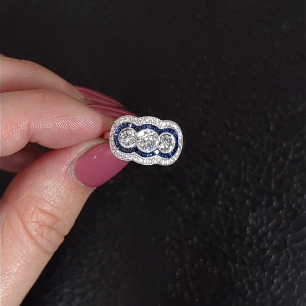 1.81ctw OLD EUROPEAN CUT DIAMOND SAPPHIRE COCKTAIL RING VINTAGE STYLE 3 STONE