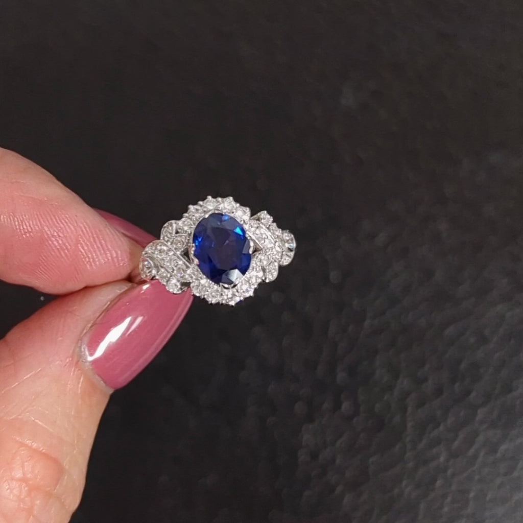 1.79ctw SAPPHIRE DIAMOND VINTAGE STYLE RING OVAL CUT COCKTAIL ENGAGEMENT NATURAL