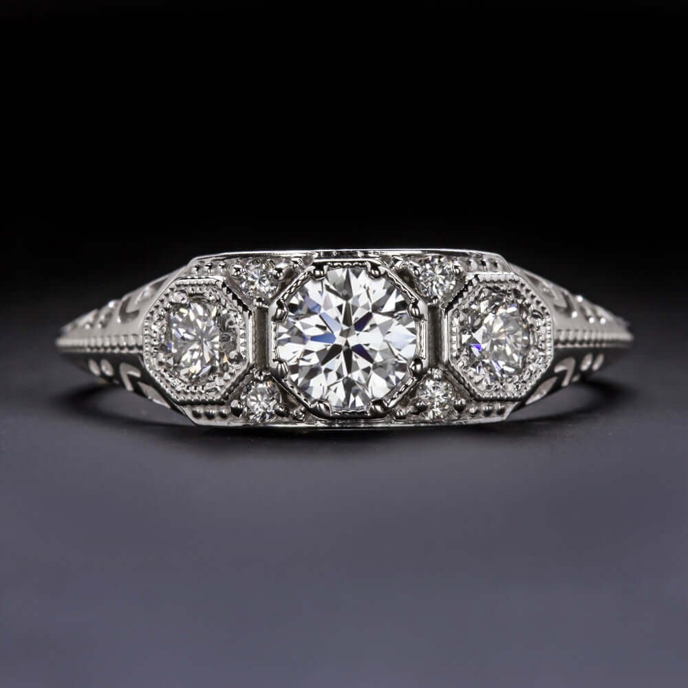 3/4ct LAB CREATED DIAMOND VINTAGE STYLE ENGAGEMENT RING 3 STONE IDEAL ROUND CUT