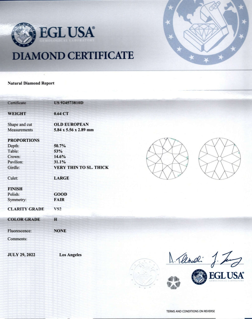 0.64ct CERTIFIED H VS2 OLD EUROPEAN CUT DIAMOND VINTAGE LOOSE NATURAL 2/3 CARAT