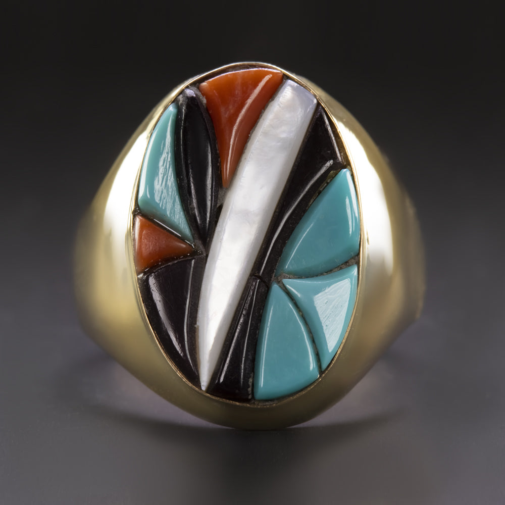 STONE INLAY RING 14k YELLOW GOLD TURQUOISE CORAL BLACK ONYX MOTHER OF ...