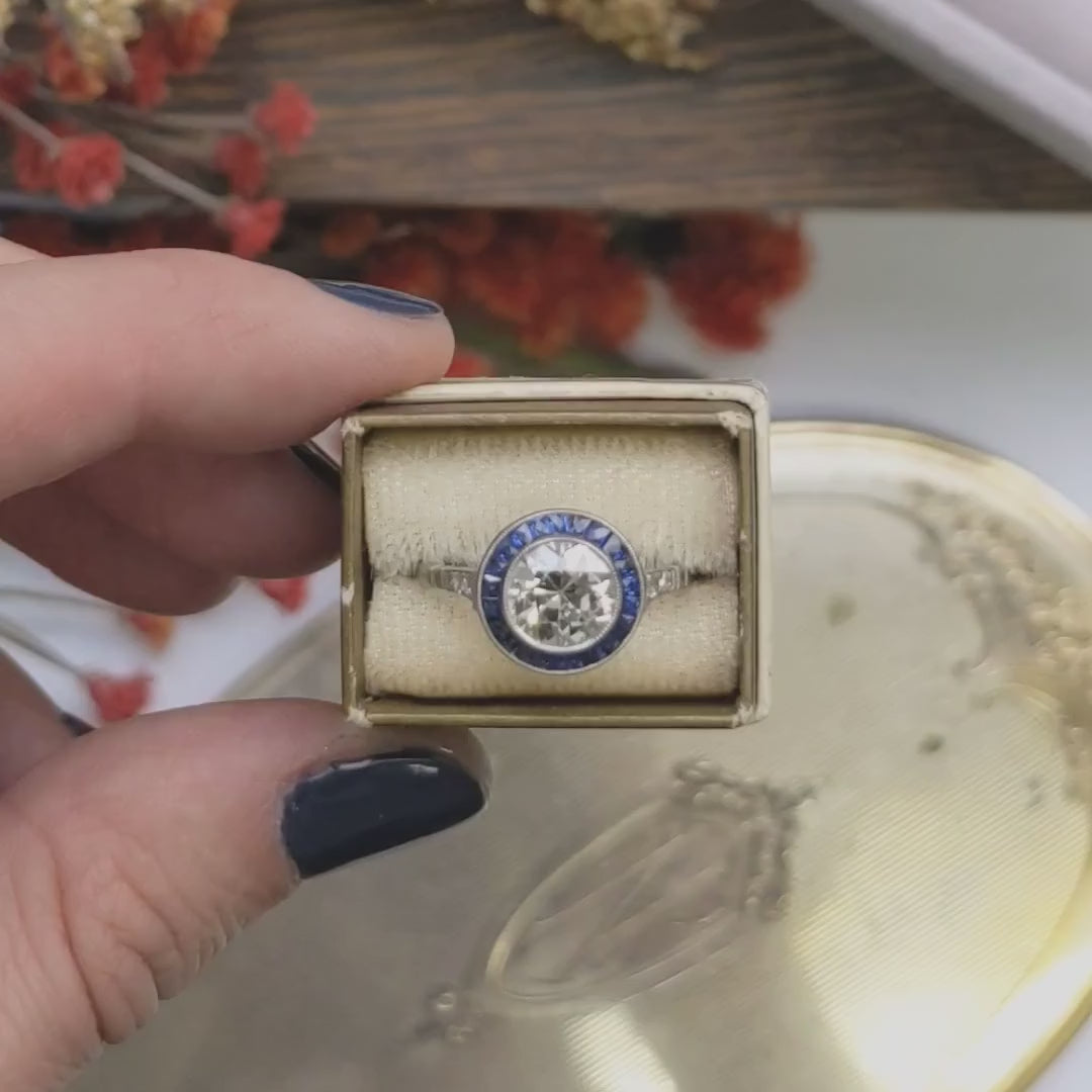 1.5ct OLD EUROPEAN CUT DIAMOND SAPPHIRE ENGAGEMENT RING ART DECO VINTAGE STYLE