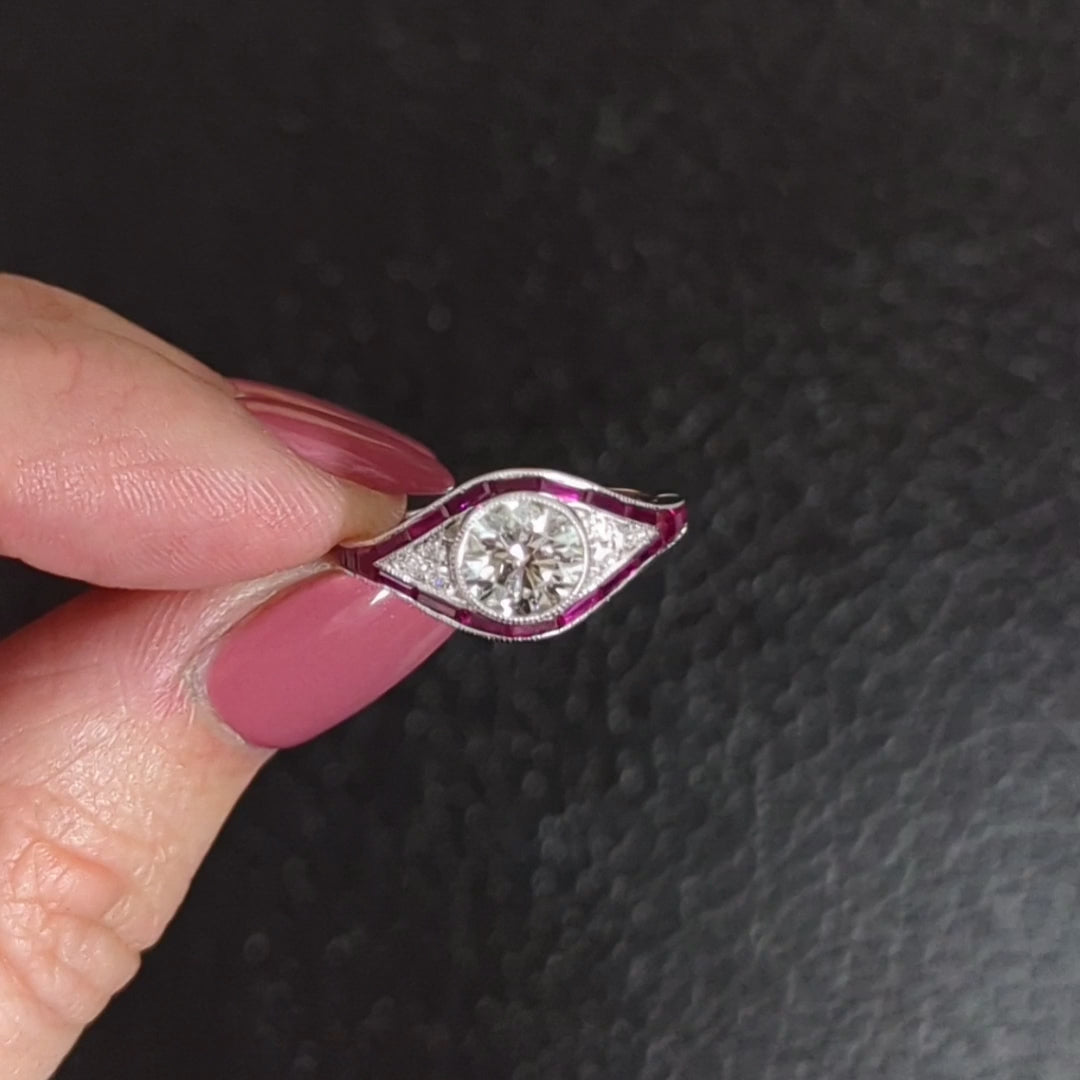 1.17ct F-G SI DIAMOND RUBY VINTAGE STYLE ENGAGEMENT RING ART DECO ROUND CUT RED