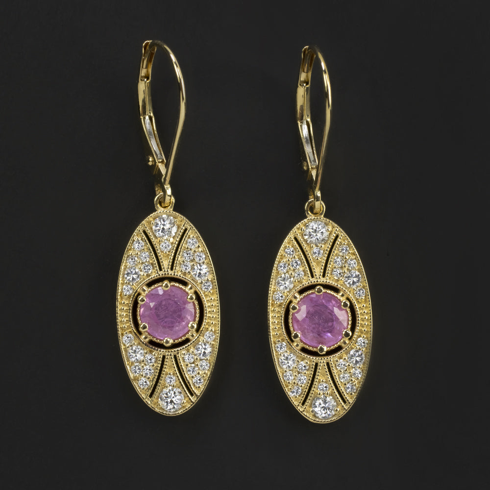 PINK SAPPHIRE DIAMOND DANGLE EARRINGS 14k YELLOW GOLD VINTAGE