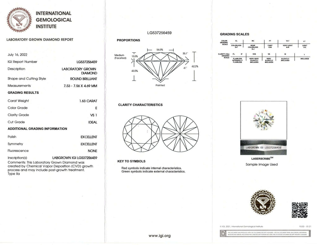 1.63c LAB CREATED DIAMOND CERTIFIED E VS1 3X EXCELLENT CUT ROUND BRILLIANT 1.5ct