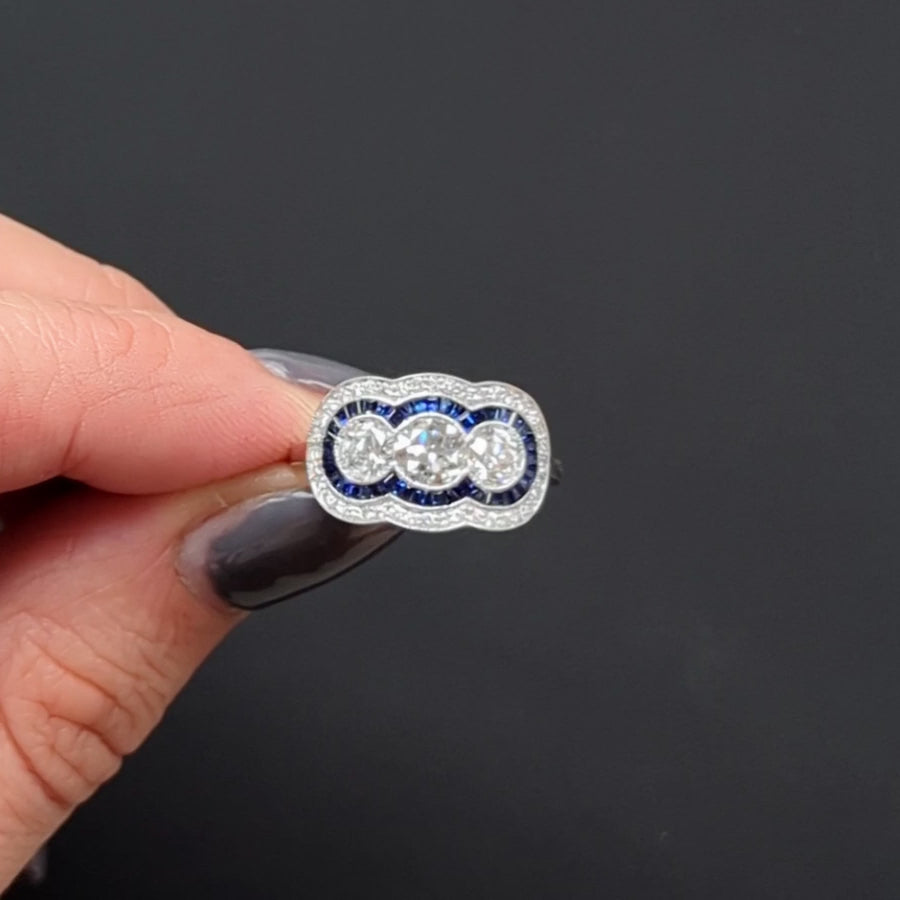 1.82ctw OLD EUROPEAN DIAMOND COCKTAIL RING ART DECO VINTAGE STYLE SAPPHIRE HALO