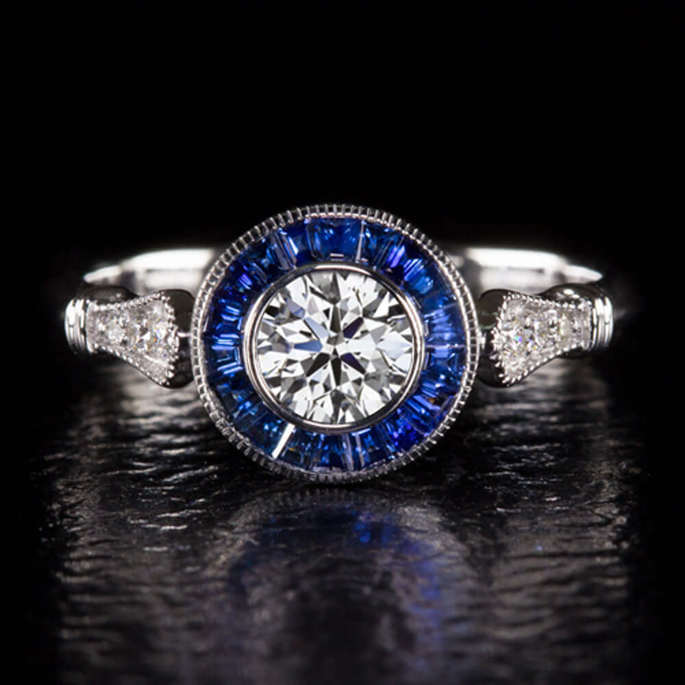 ART DECO STYLE LAB CREATED DIAMOND ENGAGEMENT RING SAPPHIRE HALO