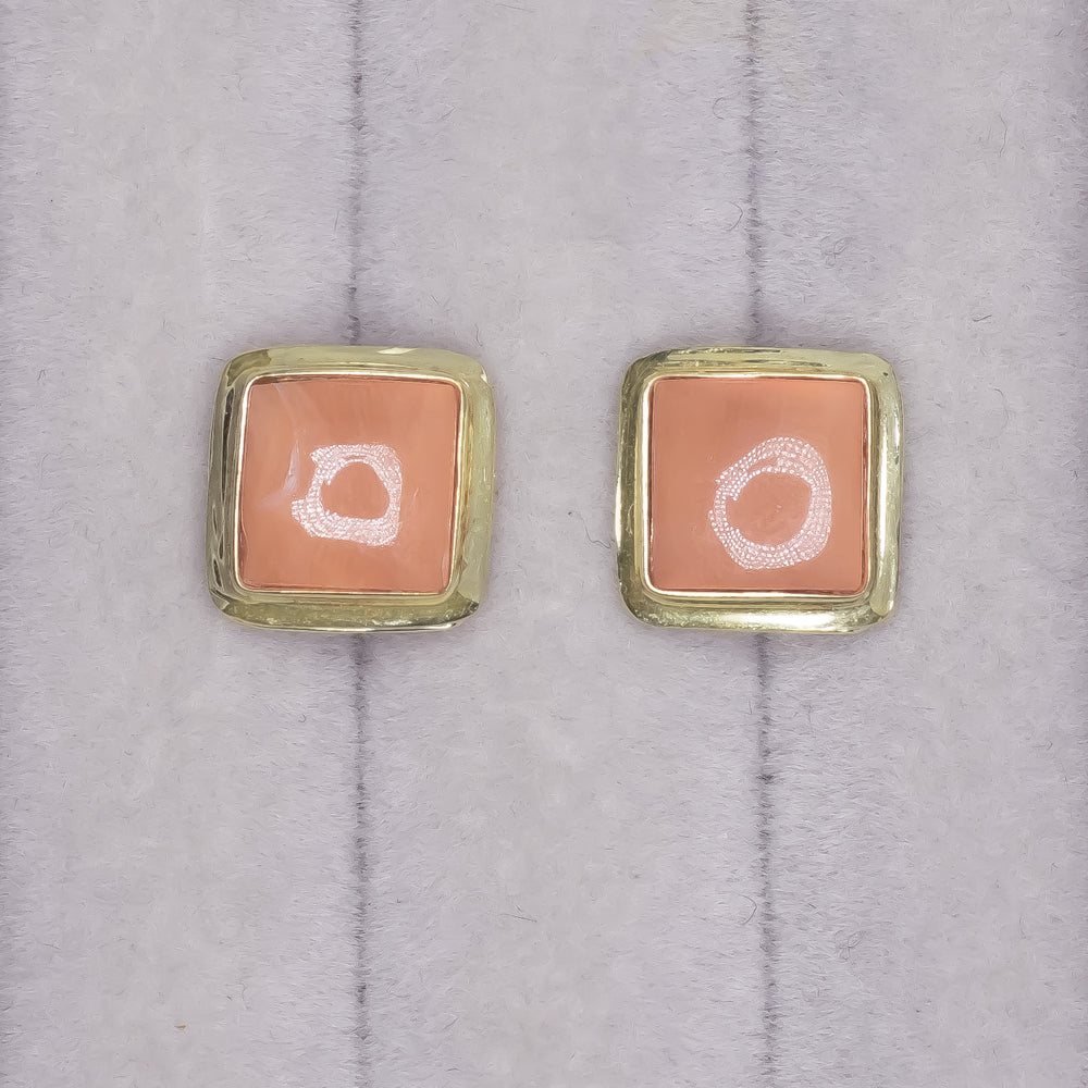 VINTAGE CORAL STUD EARRINGS 14k YELLOW GOLD SQUARE BEZEL CLASSIC SIMPLE ORANGE