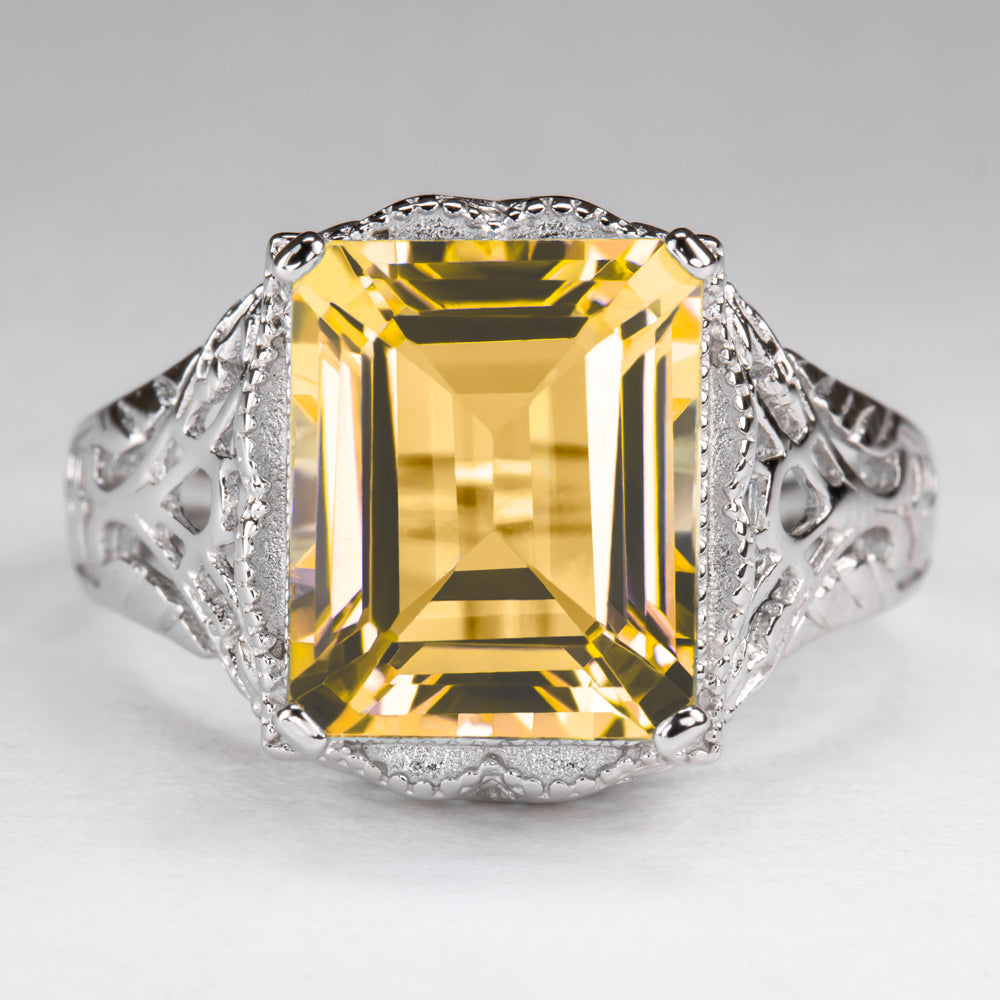 CITRINE STERLING SILVER VINTAGE STYLE RING ART DECO EMERALD CUT