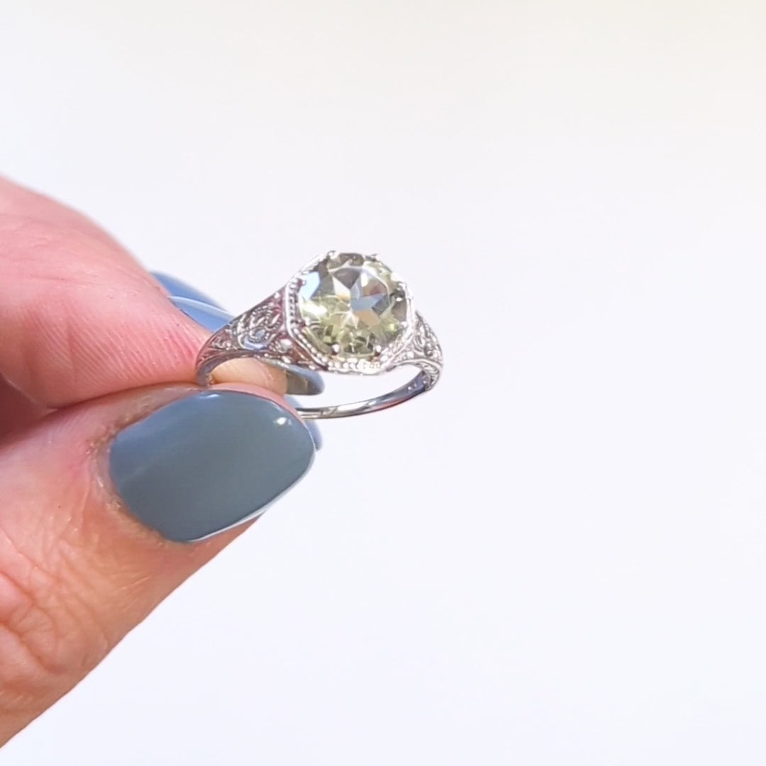 PINK AMETHYST STERLING SILVER VINTAGE STYLE SOLITAIRE RING ART DECO FILIGREE