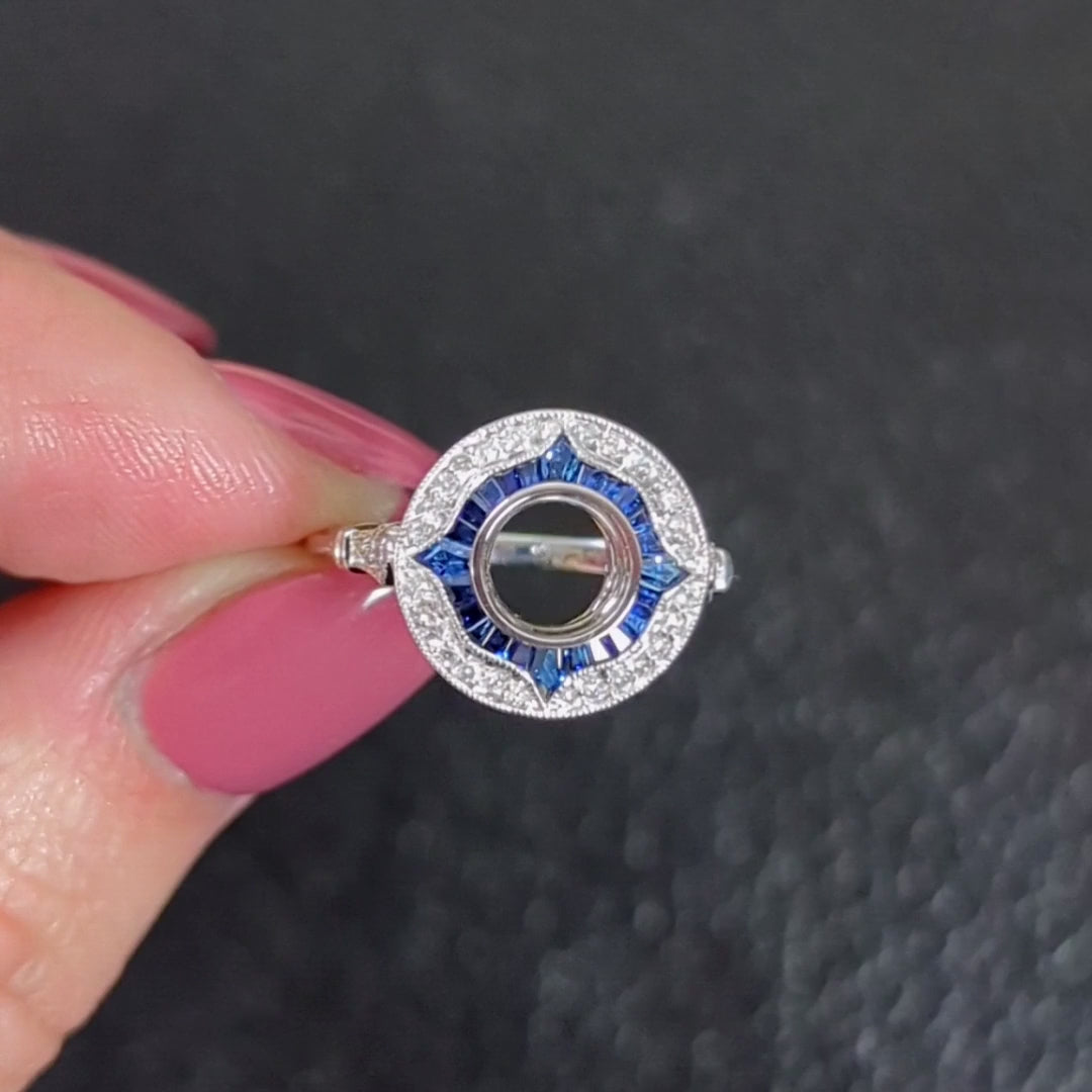 SAPPHIRE DIAMOND 6.5mm ROUND ENGAGEMENT RING SETTING VINTAGE STYLE HALO TARGET