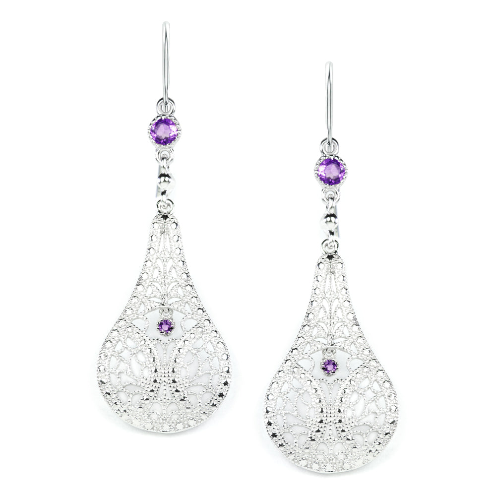 AMETHYST FILIGREE EARRINGS STERLING SILVER DANGLE TEARDROP VINTAGE