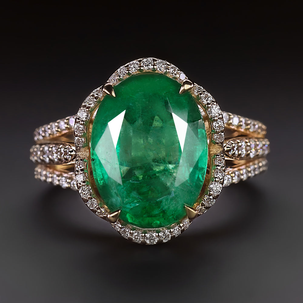 NATURAL EMERALD DIAMOND COCKTAIL RING 14k YELLOW GOLD BIG