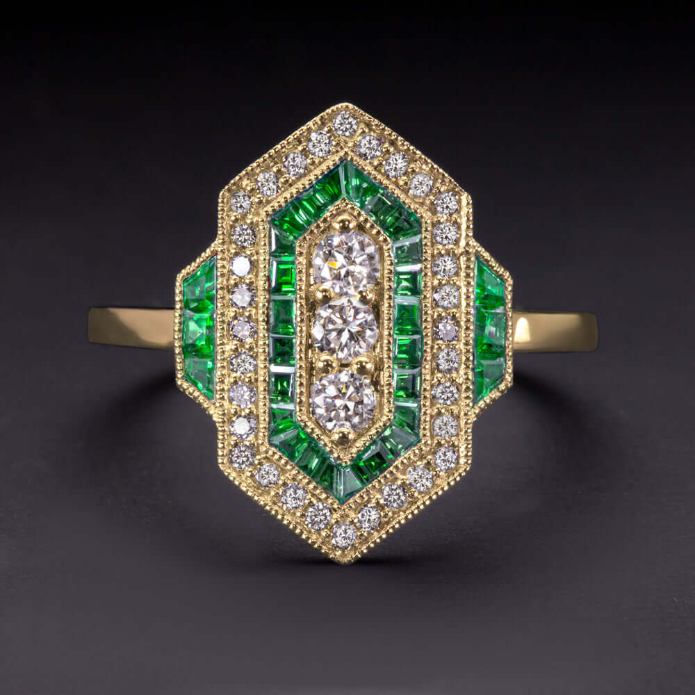 DIAMOND EMERALD VINTAGE STYLE RING ART DECO YELLOW GOLD COCKTAIL ANTIQUE NATURAL