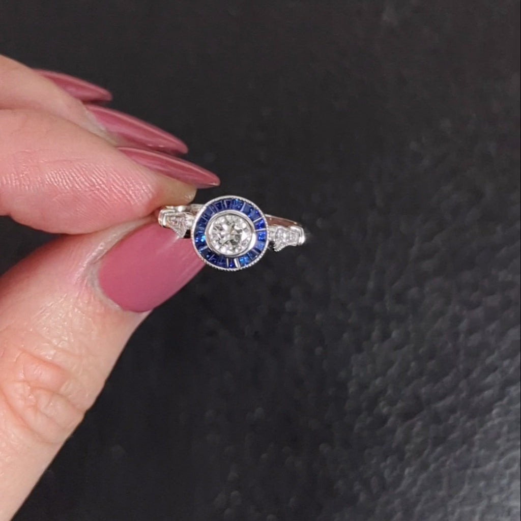 OLD CUT F VS DIAMOND SAPPHIRE ENGAGEMENT RING ART DECO VINTAGE STYLE TARGET HALO