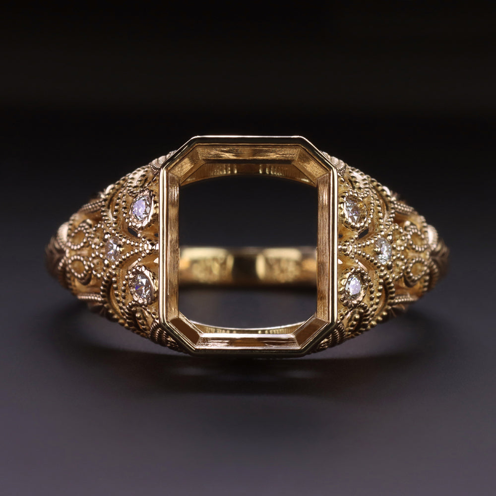VINTAGE STYLE EMERALD CUT RING SETTING NATURAL DIAMOND FILIGREE