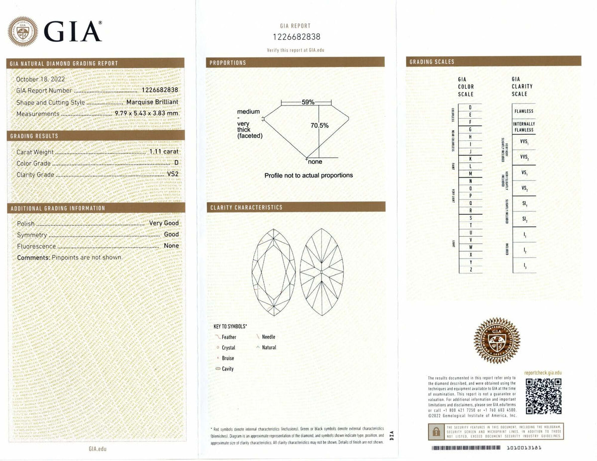 1.11c GIA CERTIFIED D VS2 MARQUISE SHAPE CUT DIAMOND LOOSE NATURAL COLORLESS 1ct